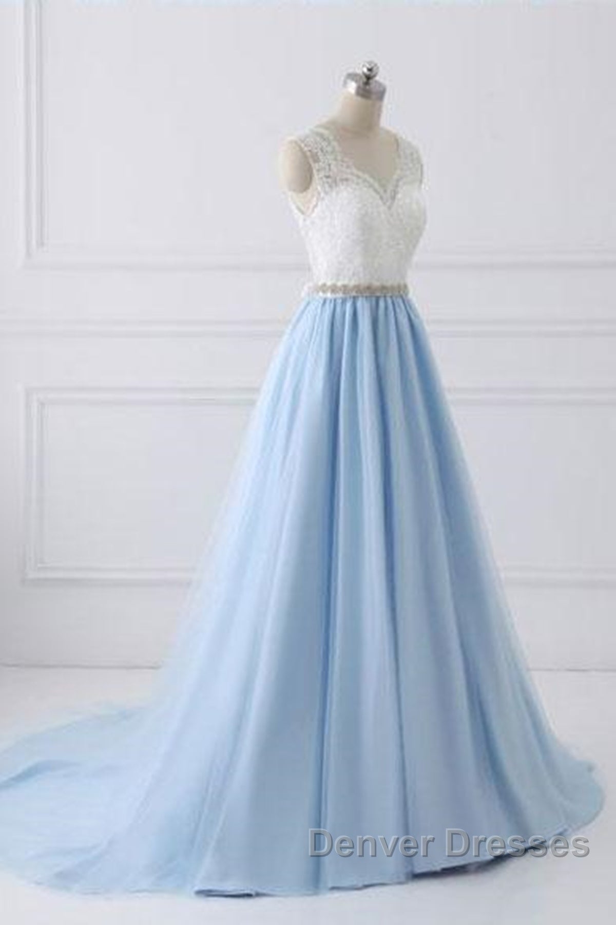 V Neck Light Blue Lace Prom Dress, Light Blue Lace Formal Evening Dress
