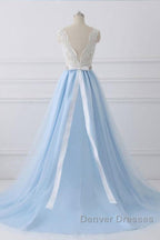 V Neck Light Blue Lace Prom Dress, Light Blue Lace Formal Evening Dress
