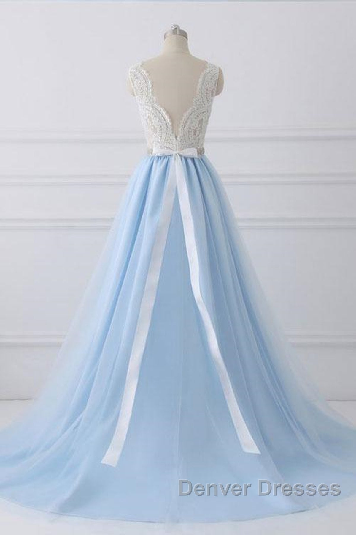 V Neck Light Blue Lace Prom Dress, Light Blue Lace Formal Evening Dress