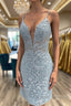 V Neck Light Blue Short Lace Prom Dress, Light Blue Short Blue Lace Graduation Homecoming Dress