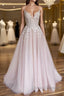 V Neck Light Pink Tulle Lace Prom Dress, Light Pink Tulle Lace Formal Evening Dress