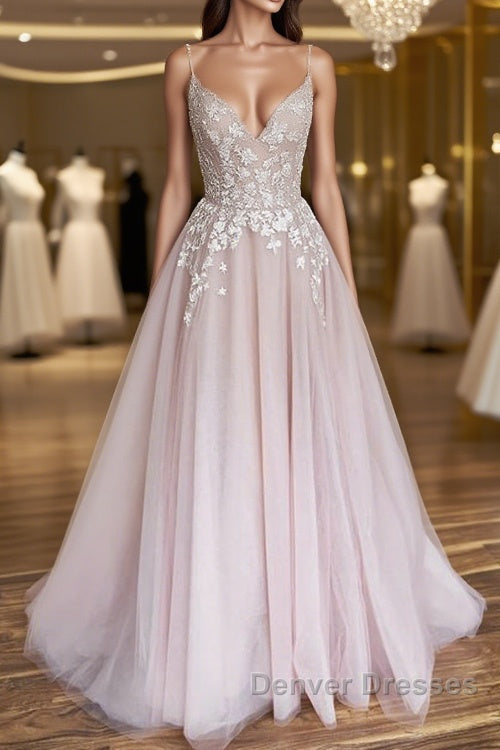 V Neck Light Pink Tulle Lace Prom Dress, Light Pink Tulle Lace Formal Evening Dress