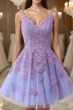 V-Neck Lilace Tulle A-Line Short Party Dress with Appliques