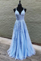 V Neck Long Blue Lace Prom Dress, Blue Long Lace Formal Evening Bridesmaid Dress
