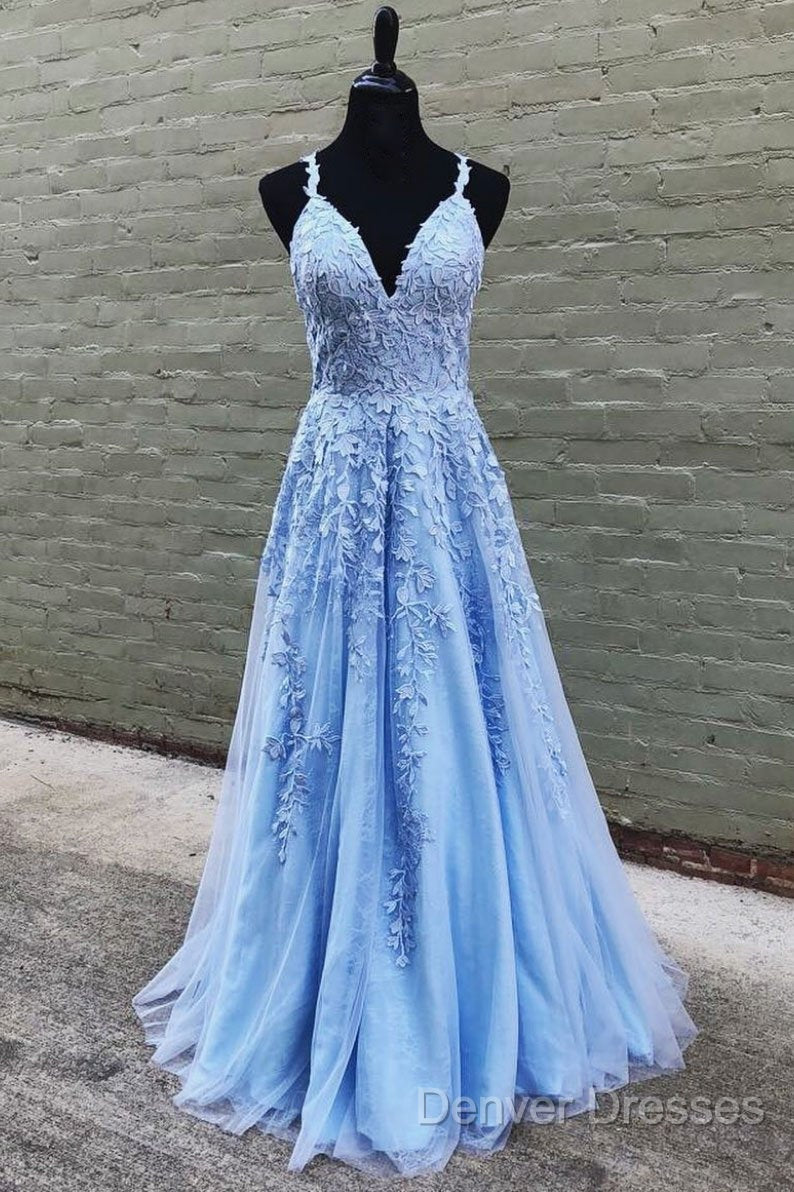 V Neck Long Blue Lace Prom Dress, Blue Long Lace Formal Evening Bridesmaid Dress