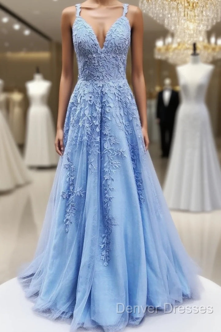 V Neck Long Blue Lace Prom Dress, Blue Long Lace Formal Evening Bridesmaid Dress Main image