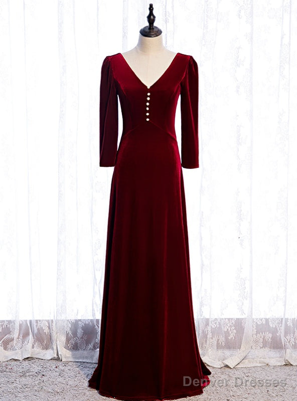 V-neck Long Sleeve Velvet Burgundy Prom Dress Main image