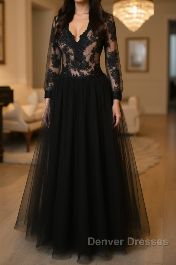 V Neck Long Sleeves Black Lace Long Prom Dress, Long Sleeves Black Lace Formal Dress, Black Lace Evening Dress Main image