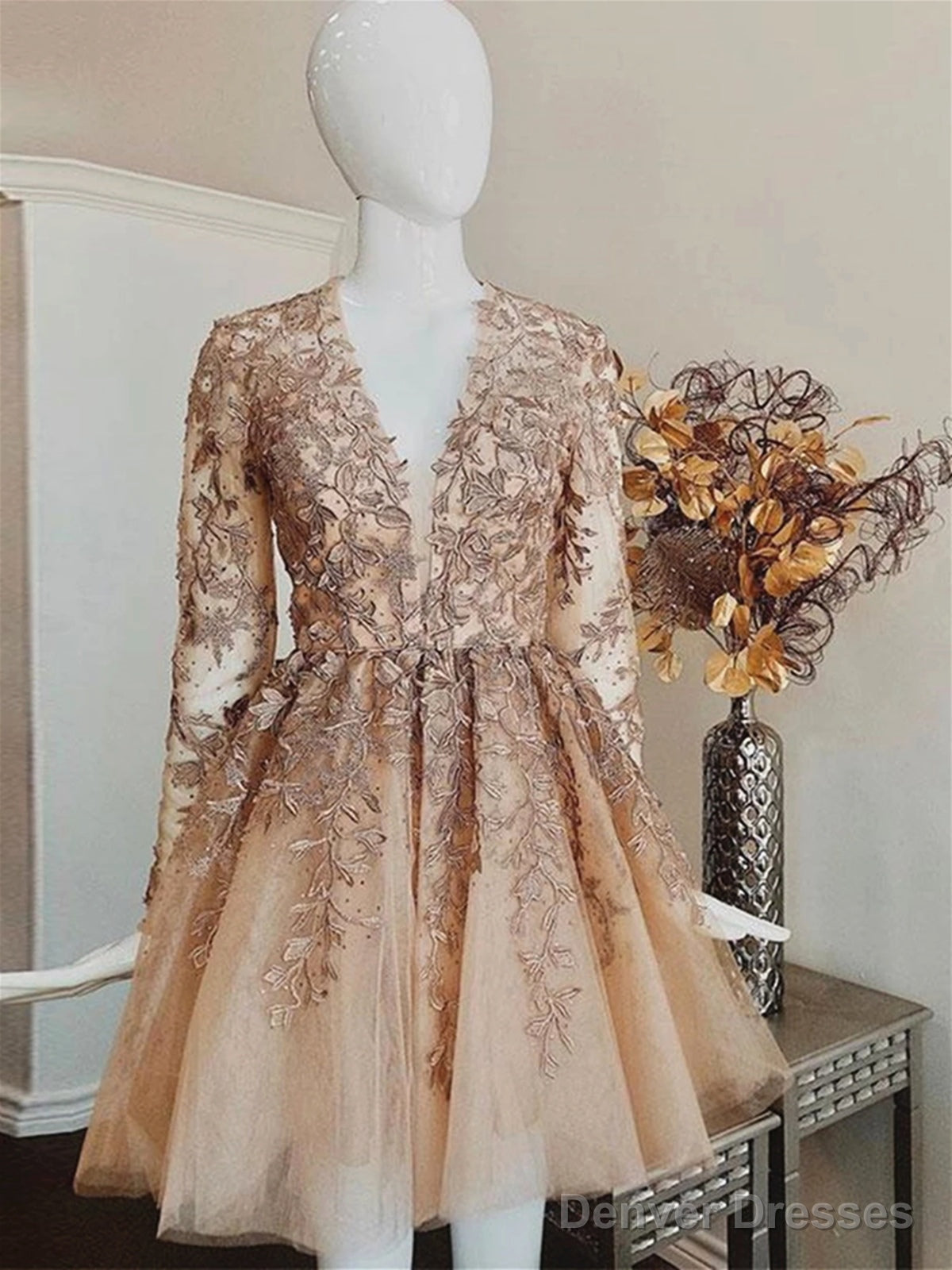 V Neck Long Sleeves Champagne Lace Prom Dresses, Long Sleeves Champagne Lace Formal Graduation Dresses Main image