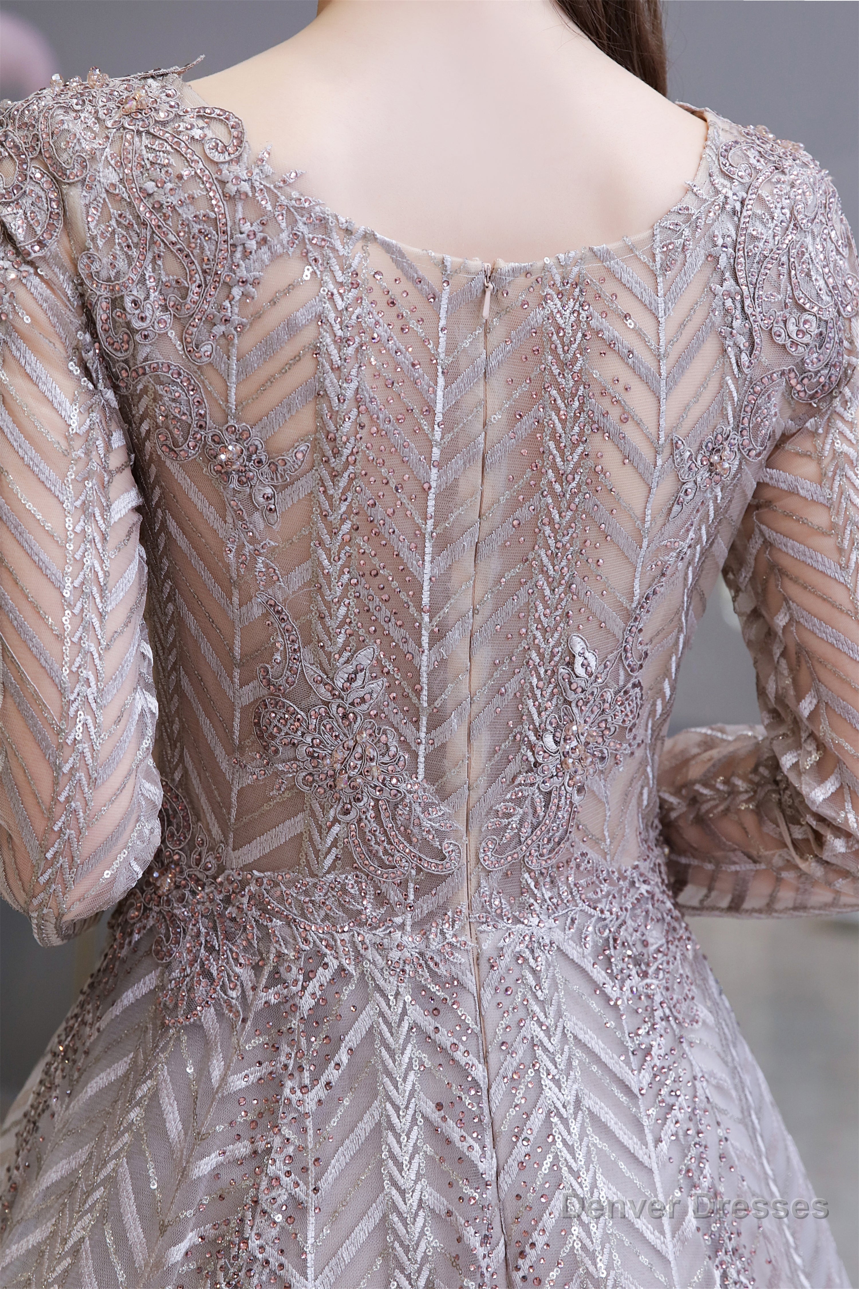 V-neck Long Sleeves Floor Length Lace A-line Prom Dresses