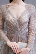 V-neck Long Sleeves Floor Length Lace A-line Prom Dresses