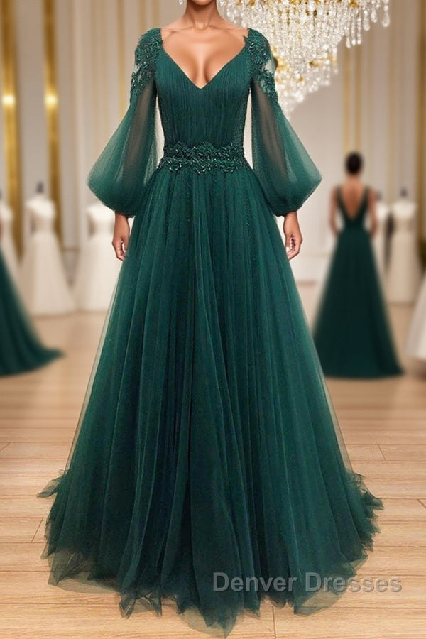 V Neck Long Sleeves Green Lace Prom Dress, V Neck Green Lace Formal Evening Dress Main image