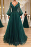 V Neck Long Sleeves Green Lace Prom Dress, V Neck Green Lace Formal Evening Dress