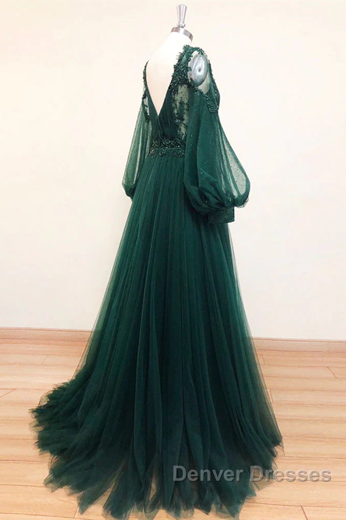 V Neck Long Sleeves Green Lace Prom Dress, V Neck Green Lace Formal Evening Dress Secondary image