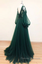 V Neck Long Sleeves Green Lace Prom Dress, V Neck Green Lace Formal Evening Dress