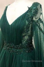V Neck Long Sleeves Green Lace Prom Dress, V Neck Green Lace Formal Evening Dress
