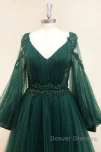 V Neck Long Sleeves Green Lace Prom Dress, V Neck Green Lace Formal Evening Dress