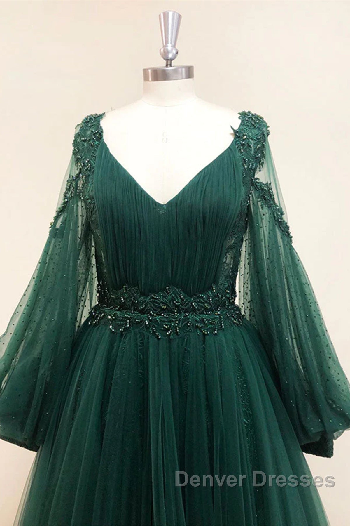 V Neck Long Sleeves Green Lace Prom Dress, V Neck Green Lace Formal Evening Dress