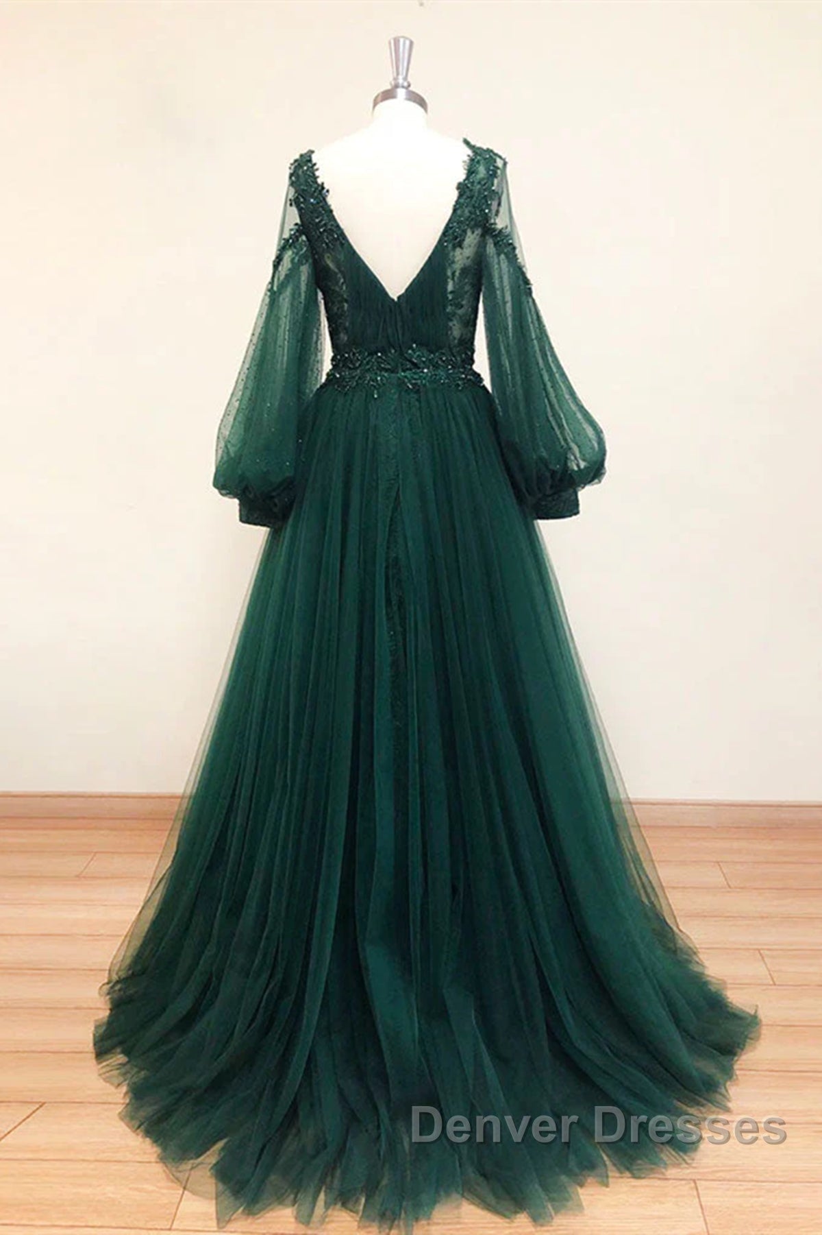 V Neck Long Sleeves Green Lace Prom Dress, V Neck Green Lace Formal Evening Dress