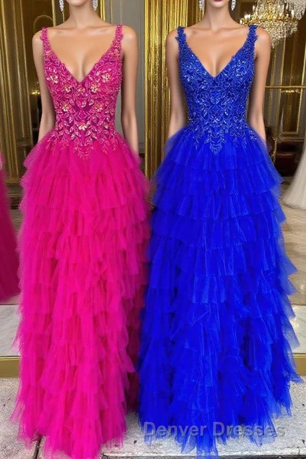 V-Neck Magenta Lace Appliques Layered Tulle Prom Dress