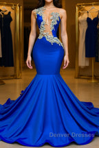 V-neck Mermaid Appliques Lace Sequined Open Back One Shoulder Floor-length Sleeveless Prom Dress