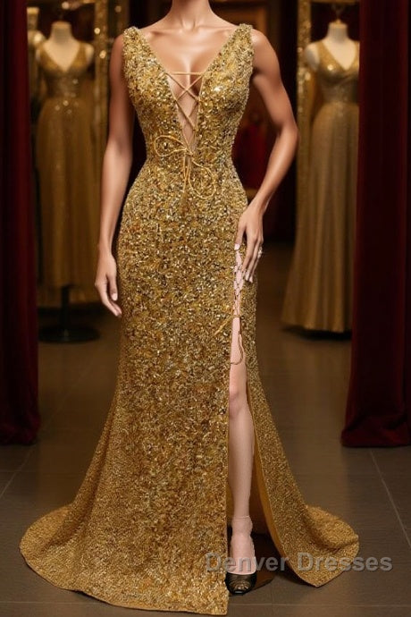 V Neck Mermaid Golden Sequins Long Prom Dress with High Slit, Mermaid Golden Formal Dress, Gold Sequins Evening Dress