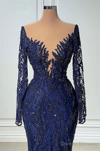 V-neck Mermaid Lace Floor-length Long Sleeve Sequined Prom Dress
