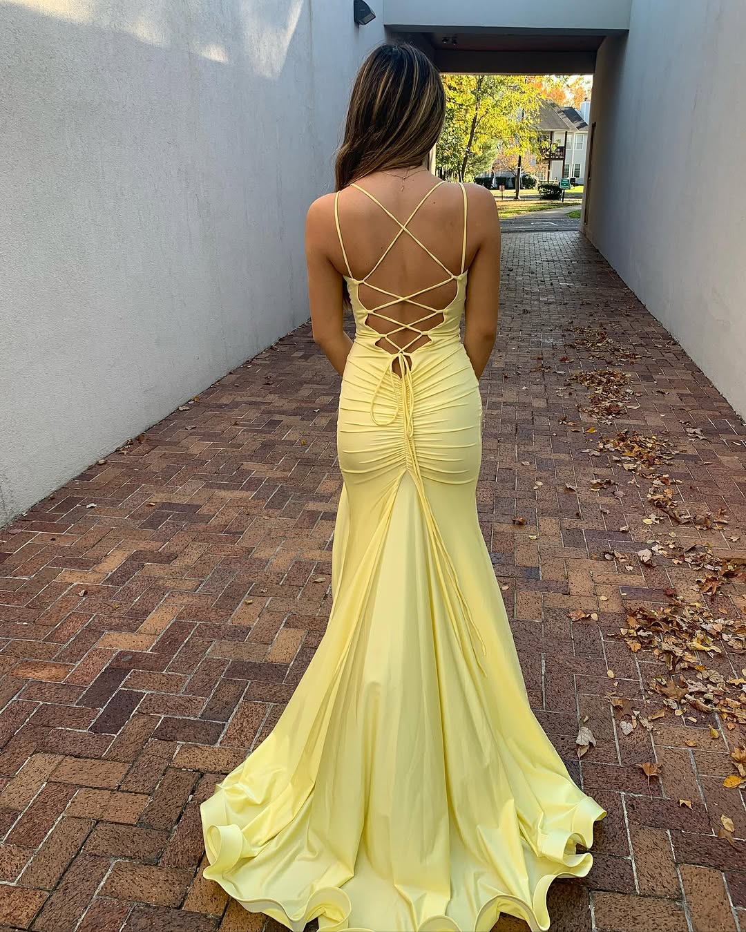 V Neck Mermaid Long Prom Dress Yellow Formal Dress