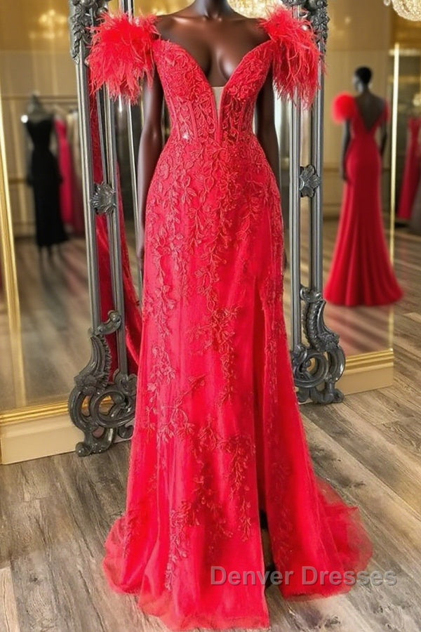 V Neck Mermaid Off Shoulder Red Lace Long Prom Dress, Mermaid Red Formal Dress, Red Lace Evening Dress Main image