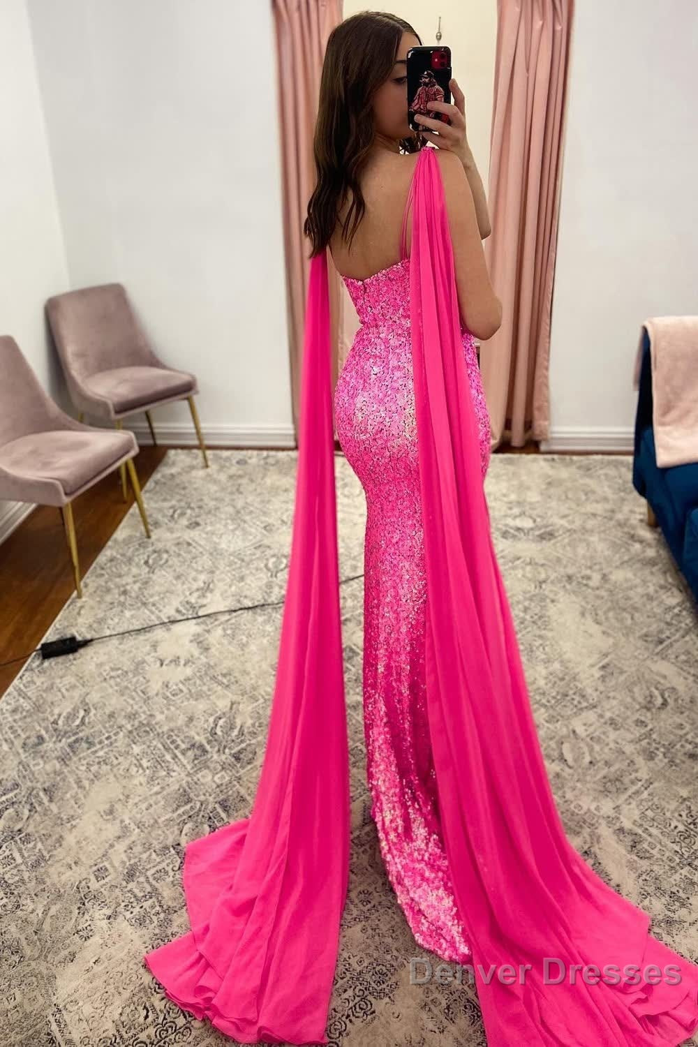 V-Neck Mermaid Sparkly Hot Pink Sequins Long Prom Dress with Slit Secondary image