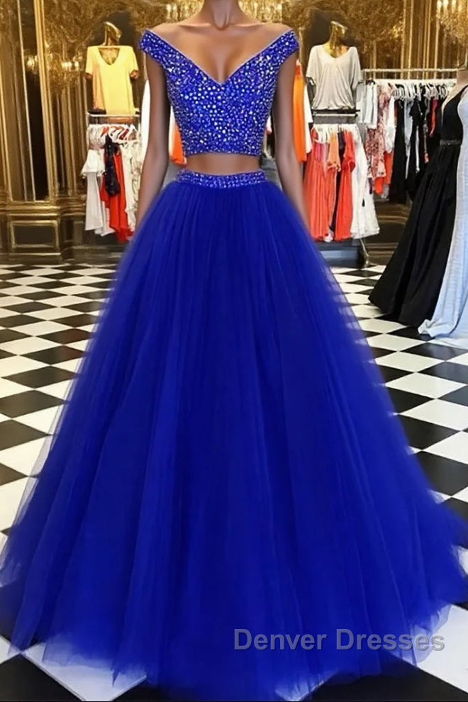 V Neck Off Shoulder 2 Pieces Beads Blue Tulle Long Prom Dress, Blue 2 Pieces Ball Gown, Evening Dress Main image