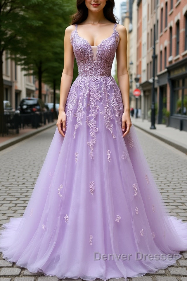 V Neck Off Shoulder Long Lilac Lace Prom Dress, Off Shoulder Purple Lace Formal Graduation Evening Dress Main image
