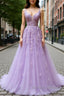 V Neck Off Shoulder Long Lilac Lace Prom Dress, Off Shoulder Purple Lace Formal Graduation Evening Dress
