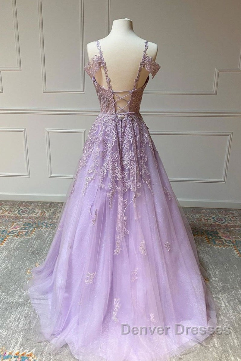 V Neck Off Shoulder Long Lilac Lace Prom Dress, Off Shoulder Purple Lace Formal Graduation Evening Dress Secondary image