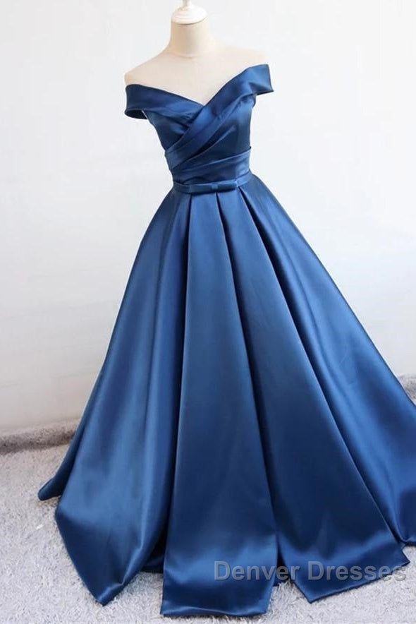 V Neck Off The Shoulder Long Satin Prom Dress Ball Gowns