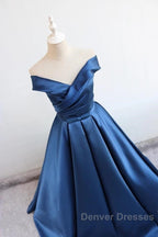 V Neck Off The Shoulder Long Satin Prom Dress Ball Gowns