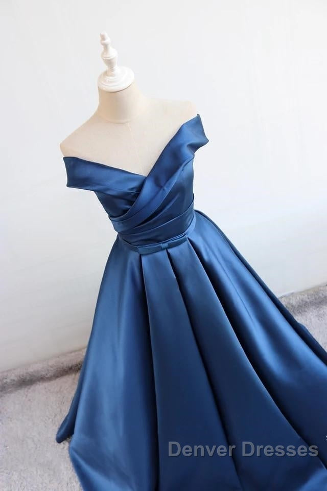 V Neck Off The Shoulder Long Satin Prom Dress Ball Gowns