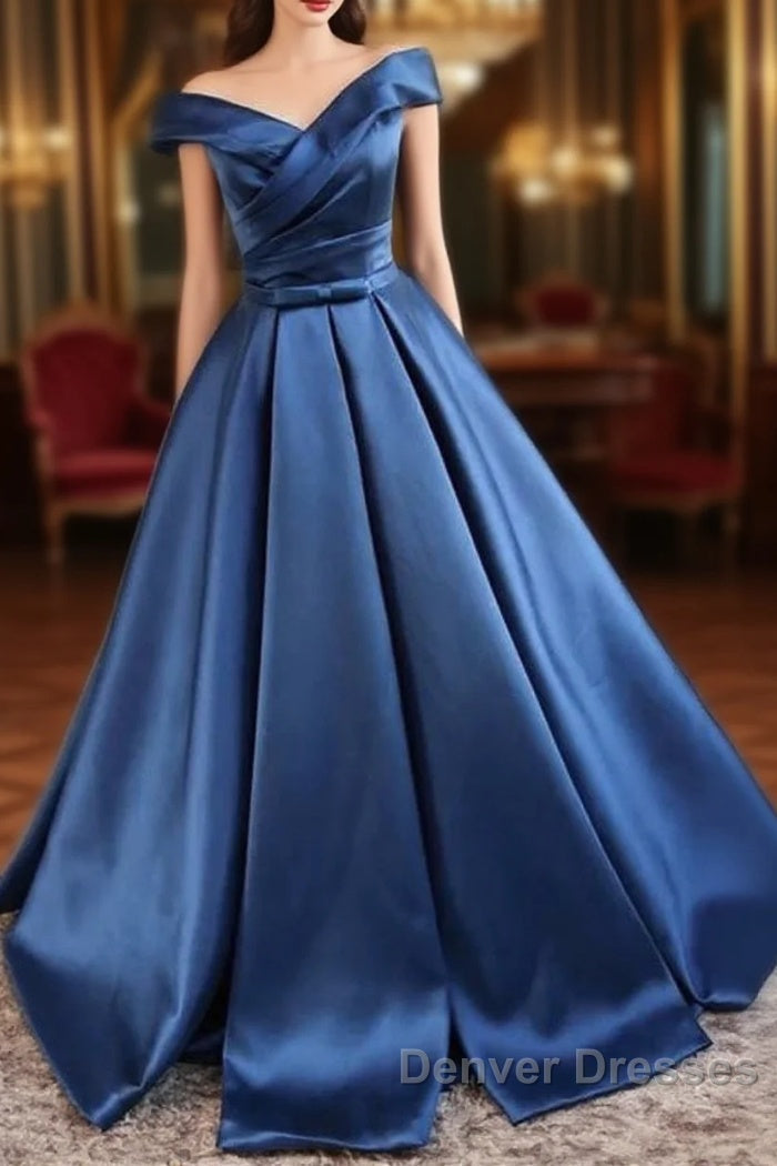 V Neck Off The Shoulder Long Satin Prom Dress Ball Gowns