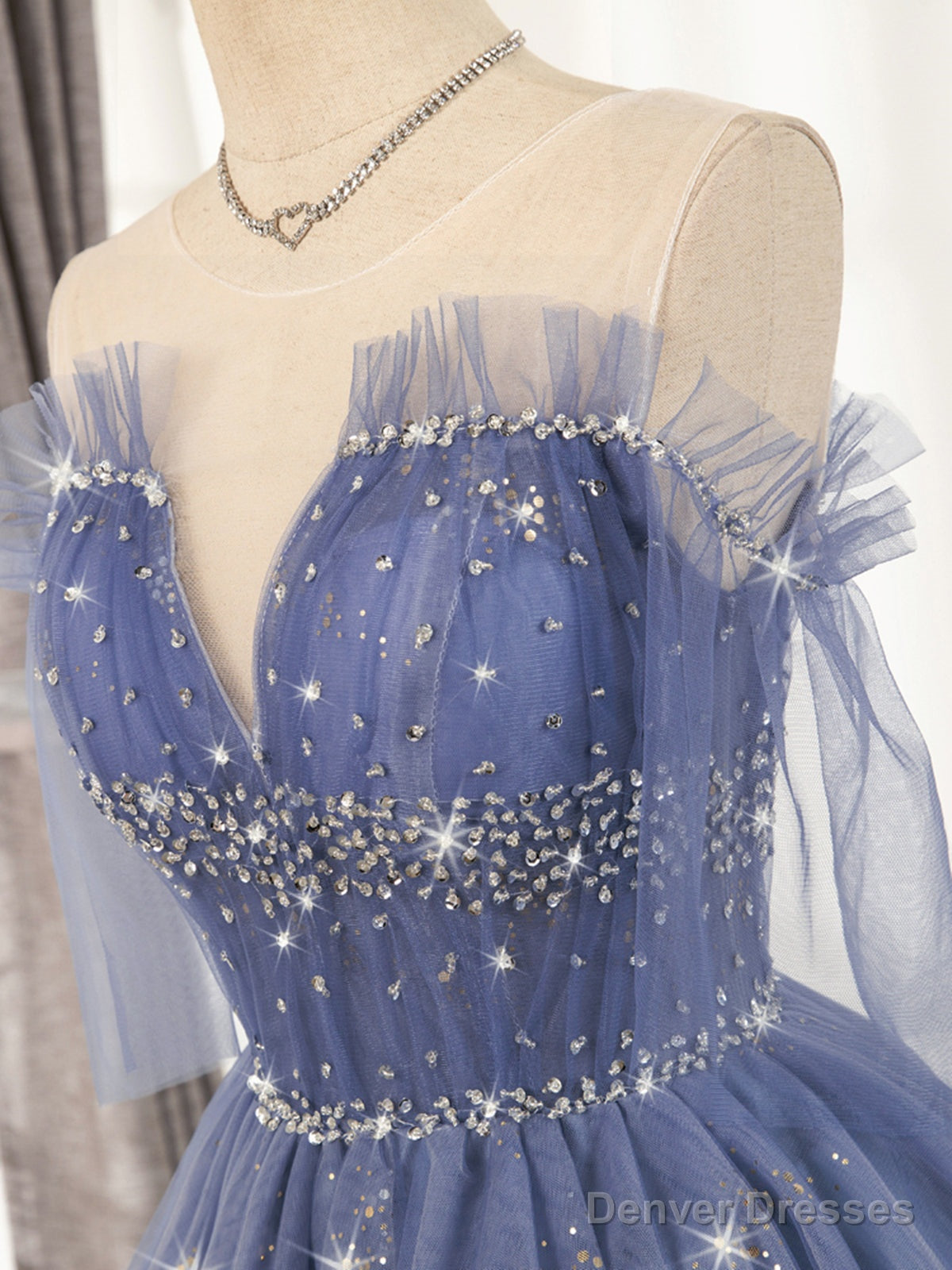 V Neck Off the Shoulder Short Blue Prom Dresses, Short Blue V Neck Graduation Homecoming Dresses Secondary image