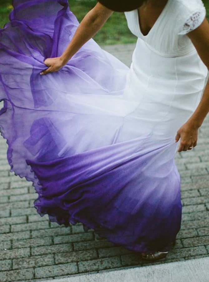 V Neck Ombre Formal Prom Dress, A Line Wedding Party Gown