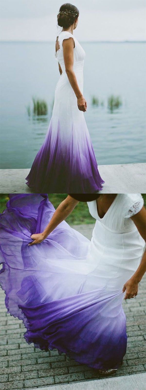 V Neck Ombre Formal Prom Dress, A Line Wedding Party Gown