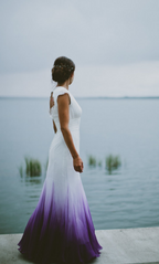 V Neck Ombre Formal Prom Dress, A Line Wedding Party Gown