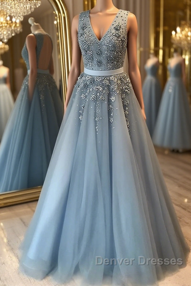 V Neck Open Back Beaded Blue Long Prom Dress with 3D Flowers, Open Back Blue Formal Graduation Evening Dress Main image
