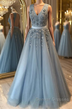 V Neck Open Back Beaded Blue Long Prom Dress with 3D Flowers, Open Back Blue Formal Graduation Evening Dress