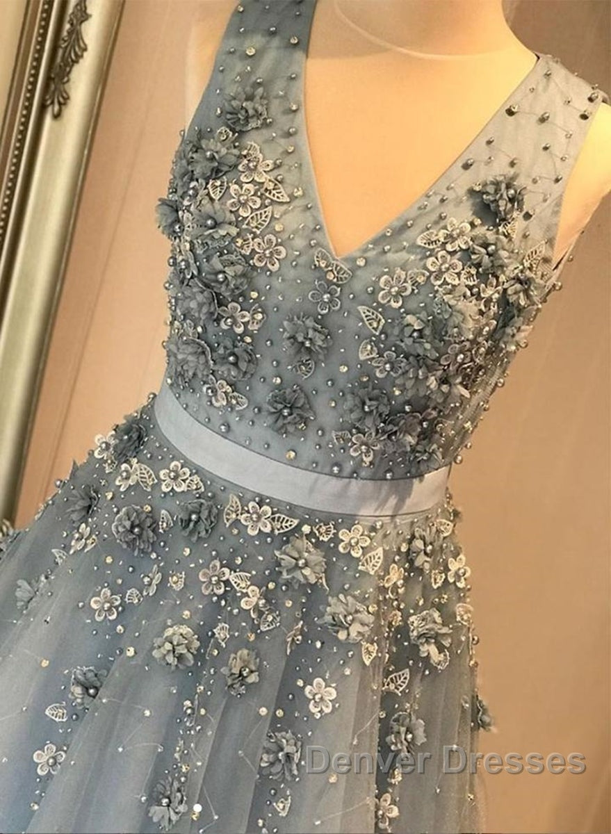 V Neck Open Back Beaded Blue Long Prom Dress with 3D Flowers, Open Back Blue Formal Graduation Evening Dress Secondary image