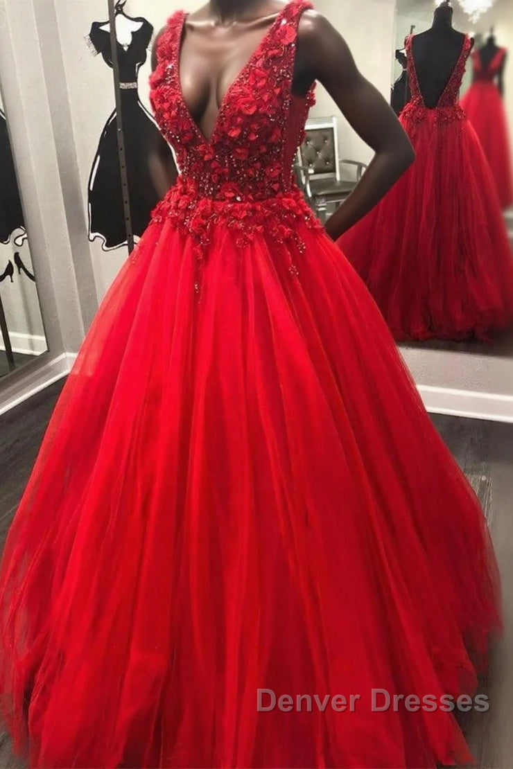 V Neck Open Back Beading Red Long Prom Dress with 3D Flower, V Neck Red Formal Dress, Red Evening Dress