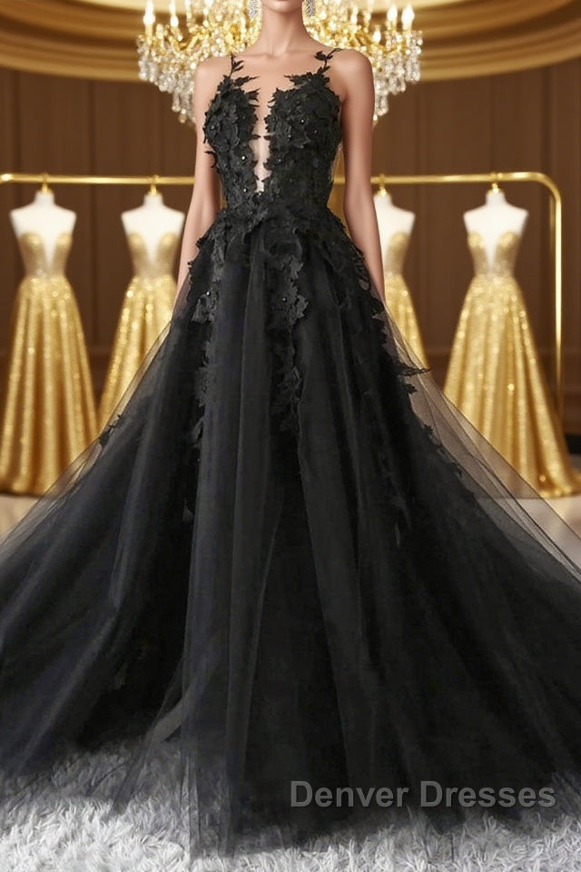V Neck Open Back Black Tulle Lace Floral Long Prom Dress, Black Lace Formal Evening Dress with Appliques Main image