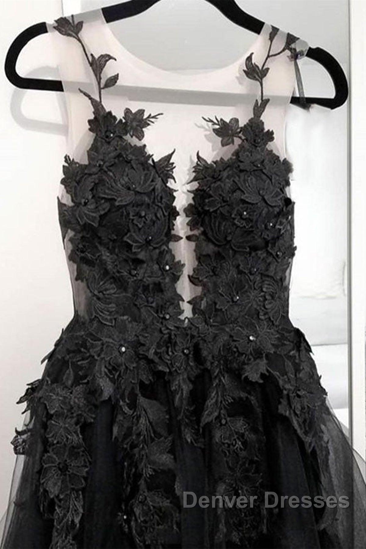 V Neck Open Back Black Tulle Lace Floral Long Prom Dress, Black Lace Formal Evening Dress with Appliques Secondary image