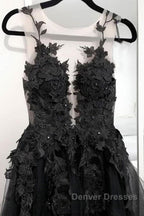 V Neck Open Back Black Tulle Lace Floral Long Prom Dress, Black Lace Formal Evening Dress with Appliques