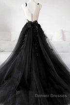 V Neck Open Back Black Tulle Lace Floral Long Prom Dress, Black Lace Formal Evening Dress with Appliques